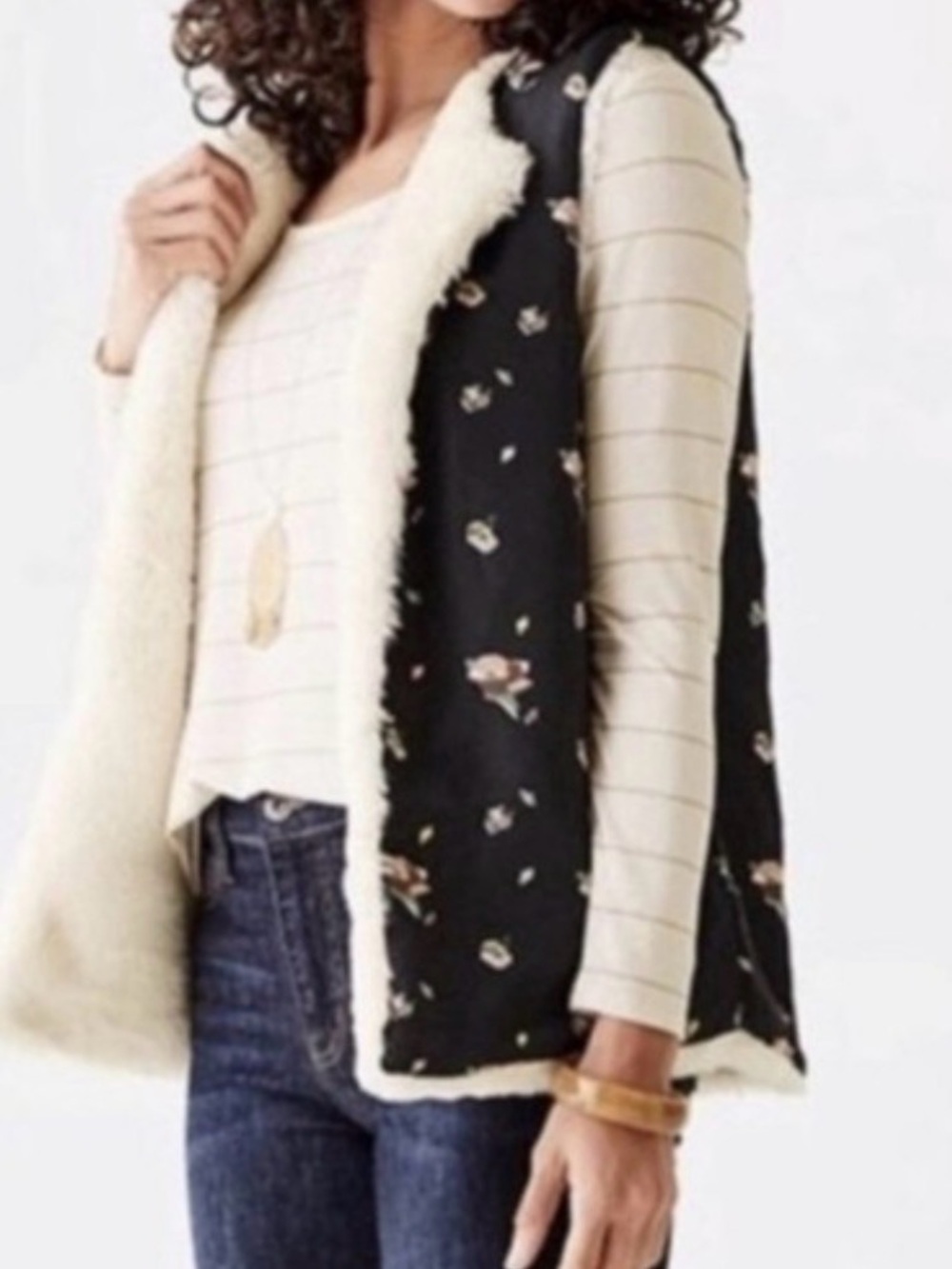 Matilda Jane Reversible Cream Snow Way Black Floral Faux-Fur Vest Size Medium